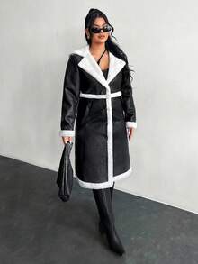 SHEIN SXY Women's Autumn/Winter New Arrival Faux Fur Collar Long Coat, Midi Length , Black And White Coat Faux Fur Coat Black And White Winter Coat,Winter Clothes For Women, Going Out Tops For Women - Black - View 7