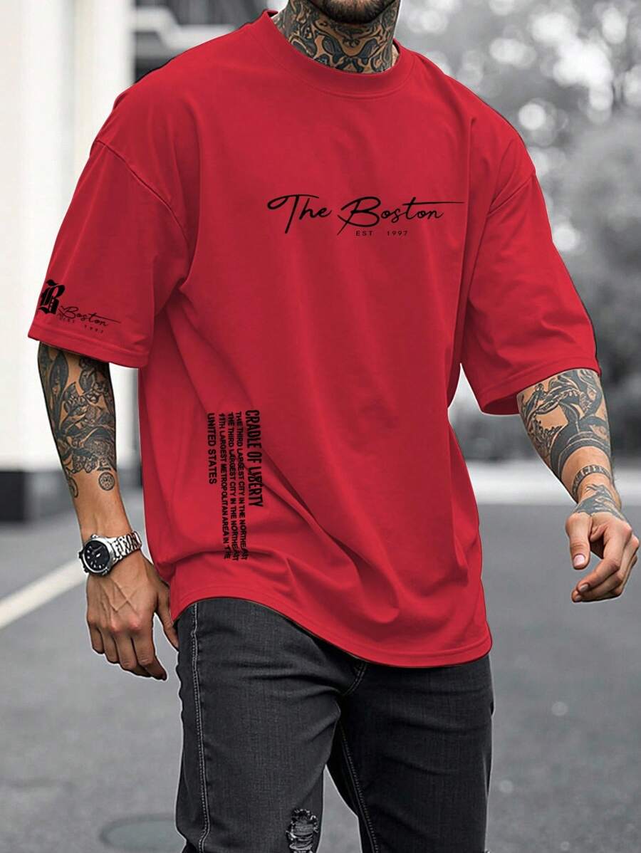 Manfinity Roughcore Plus Size Men's Contrast Color Print Round Neck Short Sleeve T-Shirt