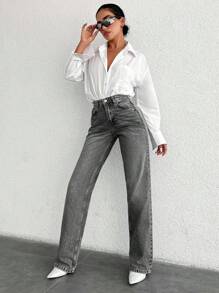 SHEIN Tall 高腰休闲直筒牛仔裤 - 淺灰色 - 查看 3