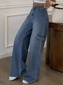 Livesso Women's Casual Washed Wide Leg Cargo Jeans - Light Wash - View 6