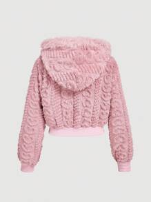 SHEIN MOD Women's Hooded Long Sleeve Heart Pattern Fluffy Trim Jacket, Autumn Winter, Brunch Women , Fall Wedding Guest Hoodie, Homecoming, 90s , Ladies Late Fall Casual Contrast Fluffy, Zipper Regular Sleeve Hooded Regular Fit Plain Women Jacket, Casual Daily Wear - Pink - View 2