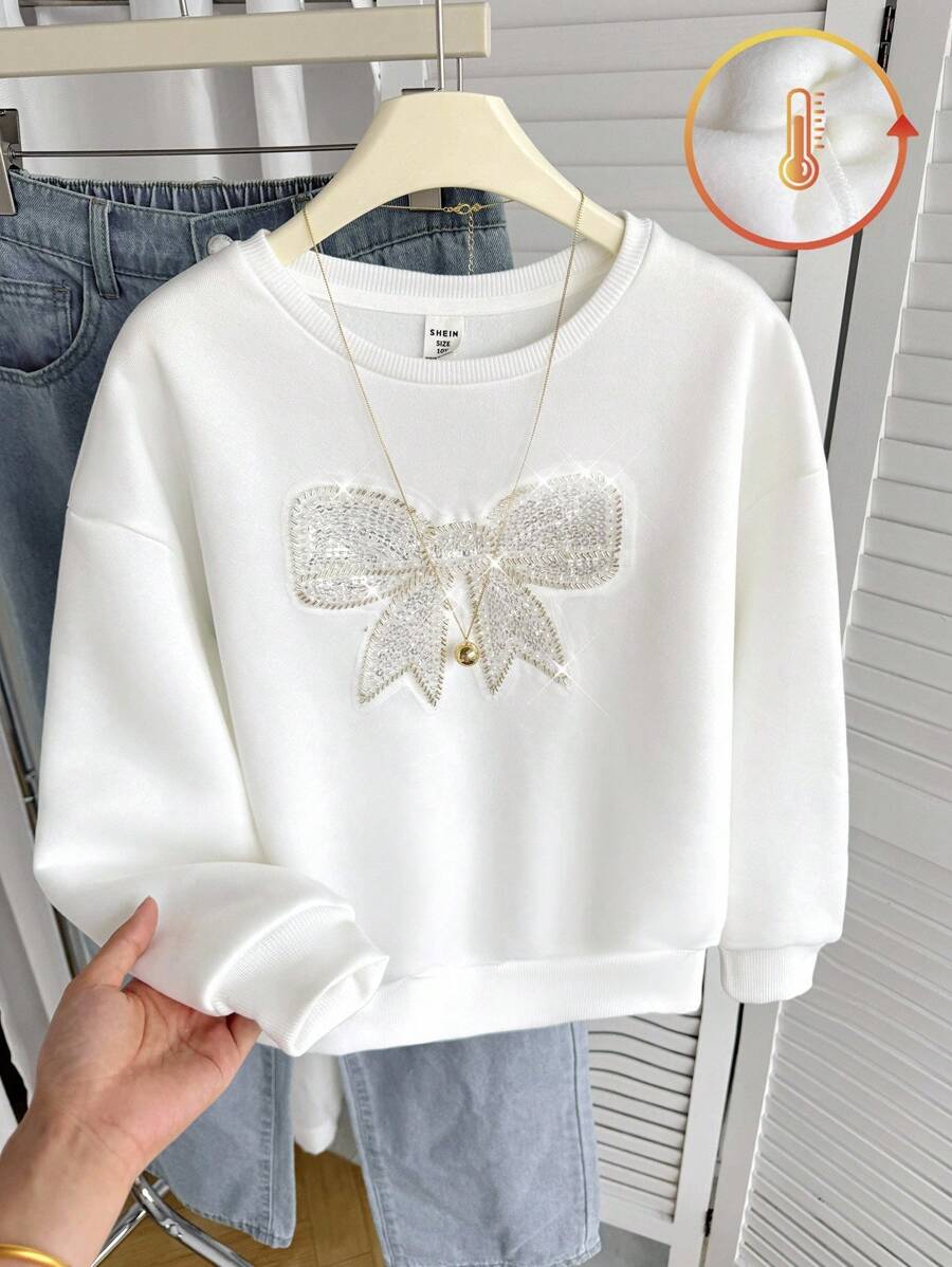 SHEIN Tween Girl Loose Casual Minimalist Comfortable Round Neck Long Sleeve Bow Decor Sweatshirt,In Fall/Winter - White - View 1