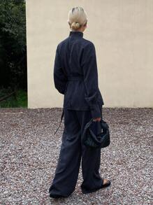 DAZY Women's Striped Casual Denim-Look Tie-Up Shirt & Elongated Pants Two Pieces Set, Korean Style, Elegant, Spring/Autumn - Blue - View 4