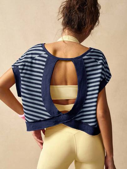 VARSIVA Striped Women's Round Neck Athletic Tee In Soft Breathable Knitted Fabric Open Back Workout Top Open Back Athletic Top Cut Out Back Shirt Open Back Tops Active Tops