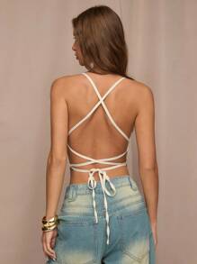 SHEIN BAE 女士春季西部路派对装，露背低胸性感露背刺绣串珠背心，适合派对、日常穿着、节日和街头活动 - 香檳色 - 查看 2