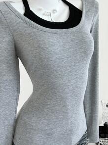 Elamini 女式 T 恤，秋季服装，长袖，色块 - 灰色 - 查看 5