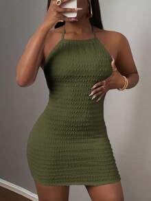 Slaydiva Nouvelle robe d'été et de printemps style décontracté, élégante pour les vacances et les sorties quotidiennes. Robe mini femme avec encolure ras-du-cou, dos nu, texture en tissu bleu, coupe slim