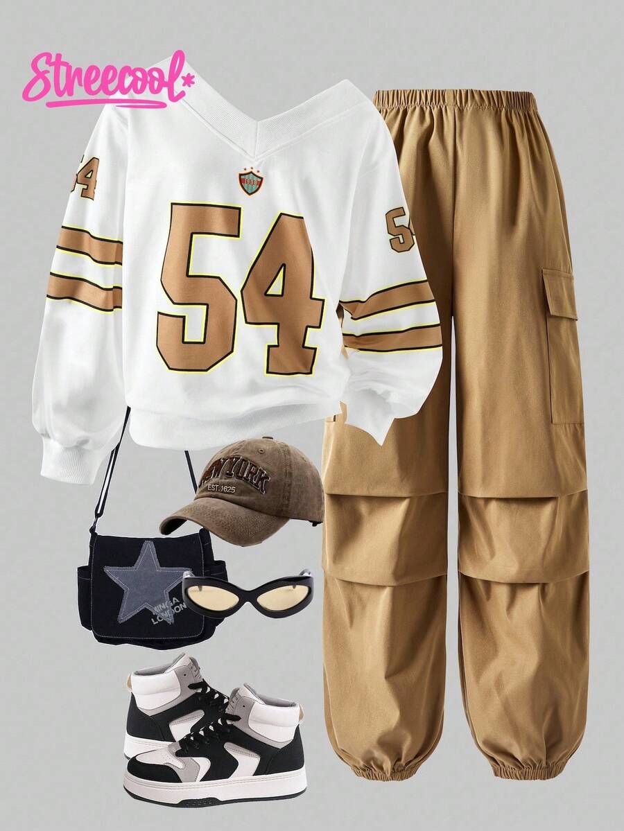 SHEIN Explorewe 2 Stücke/Set Tween-Mädchen sportlicher farbblockiges Numerik-Muster Langarm Strickpullover und seitlichen Taschen Cargo Hose cooles Mädchen Alltagsset, Frühling/Herbst - Braun - Übersicht 1