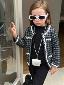 Elladie kids Young Girl Black Plaid Twist Ribbon Pearl Button Elegant Jacket - Black - View 4
