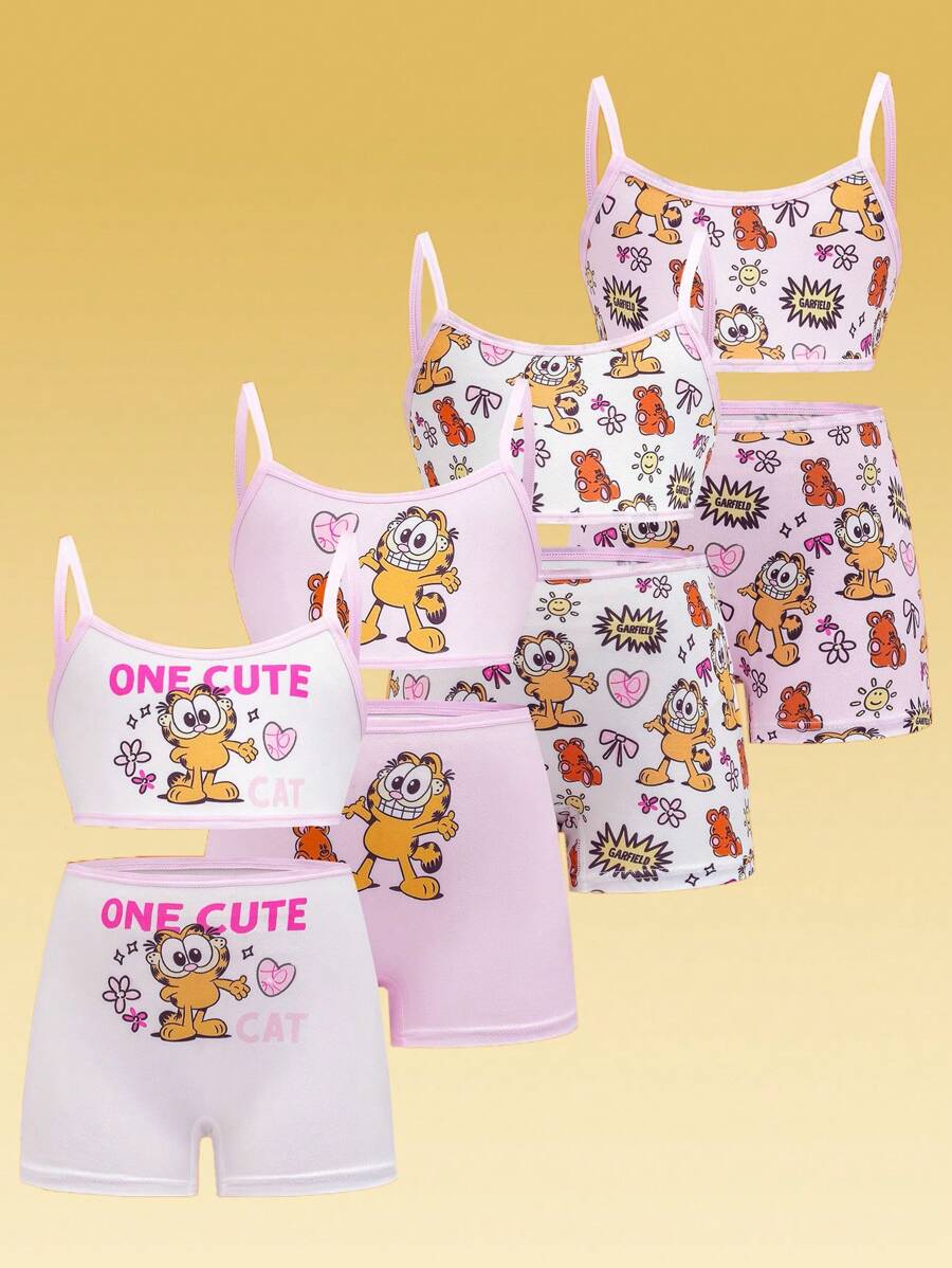 GARFIELD | SHEIN 4件套少女卡通图案吊带背心和短裤内衣套装 - 淺粉色 - 查看 1