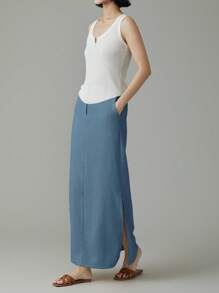 EMERY ROSE Women Solid Color Pocket Side Slit Hem Straight Casual Skirt - Blue - View 6