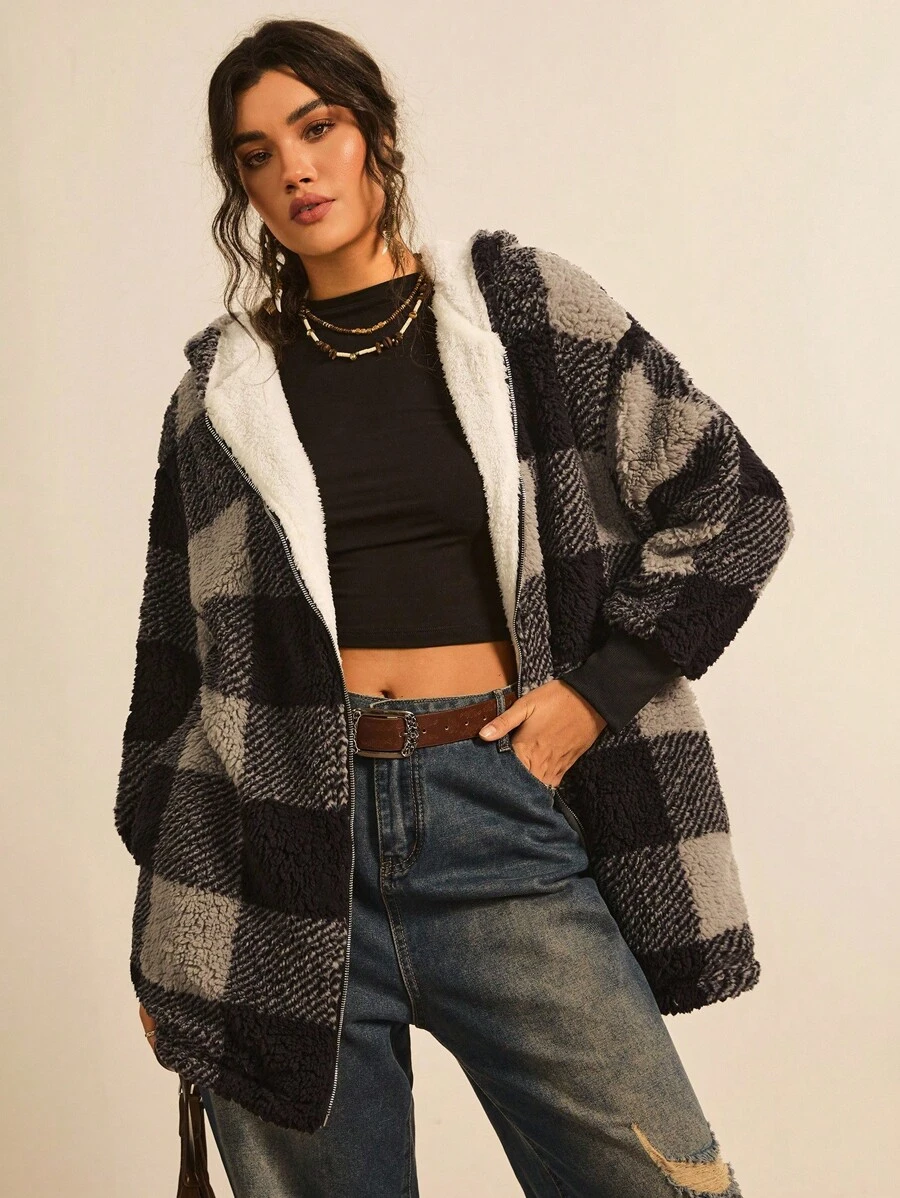 Freevana Plus Buffalo Plaid Pattern Drop Shoulder Hooded Teddy Coat Winter Fall Autumn - Black and White - View 1