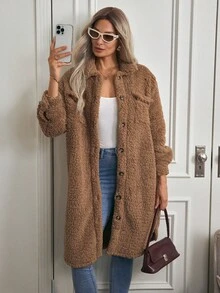 EMERY ROSE Áo khoác nữ Túi Nút phía trước màu trơn Giải trí - Lạc đà - Xem 4
