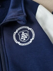 Souflis Souflis 2 件套男童时尚运动立领拉链夹克和裤子套装，带徽章和条纹印花 - 寶藍色 - 查看 6