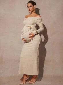 MaterniChic 2pcs Maternity Elegant Solid Color Off-Shoulder Cropped Top And Skirt Set  Fall Clothes  Maternity  Baby Shower  Off The Shoulder - Khaki - View 6