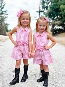 SHEIN 女婴可爱条纹扭纹无袖上衣，夏季百搭 - 粉色 - 查看 3