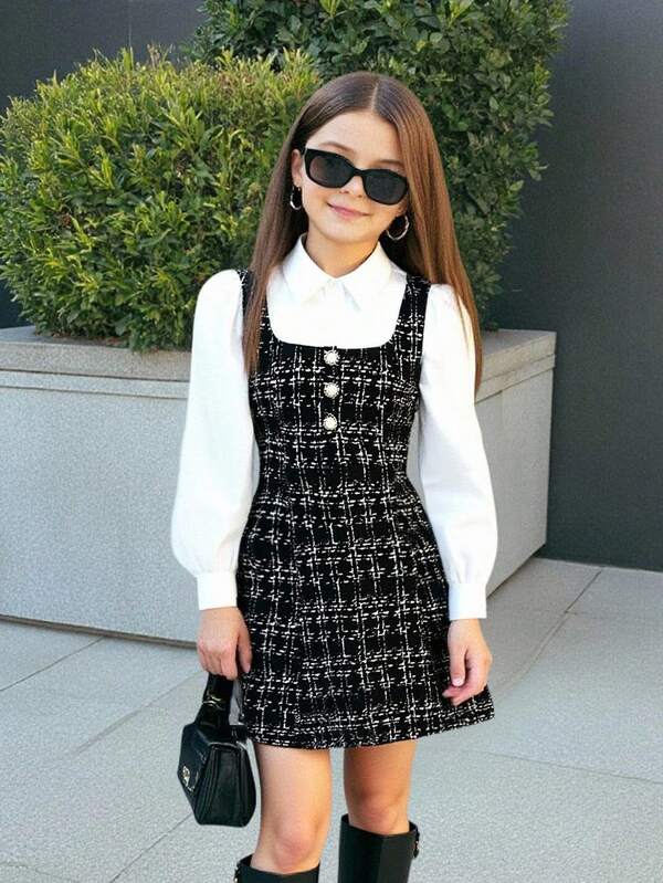 Firerie Kids Vestido casual de uso diario con bloqueo de color y parches, con la cintura ceñida, nuevo estilo para niñas jóvenes