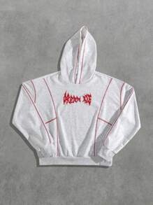 ROMWE MEN Casual Men's Contrast Stitching Line Print Hoodie, Loose Cropped Style - Grey - View 1