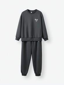 JNSQ 青少年女孩休闲圆领运动衫和运动裤套装，适合日常穿着、户外活动、街头风格、秋冬穿着 - 黑色 - 查看 2