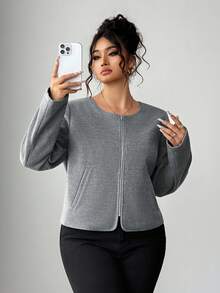 Elenzga Jaqueta de Frente Aberta com Bolsos em Mistura de Lã para Mulheres Plus Size, Estilosa e Elegante para Passeios e Deslocamentos