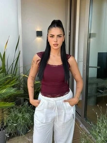Lucia Bellido Lace Trim Lace-Up Fitted Sleeveless Tank Top For Women - Burgundy - View 4