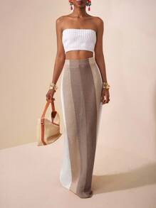 Zivah 2025新款夏季休闲度假日常约会沙滩装欧美街头风辣妹性感抹胸露脐修身针织白背心+长款半身包臀裙橘色卡其色酒红色白条纹毛呢长裙女士毛衣两件套秋冬狂欢装节日 - 彩色 - 查看 7