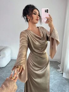 Selianne Women's Metallic Flared Sleeve Elegant Dress Fall Cloth For Women - Gold - View 3