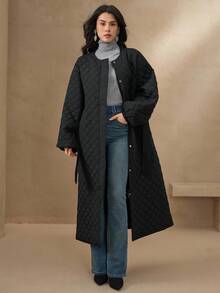 DAZY 小众设计法式宽松中长灯笼袖钻石绗缝棉衣女冬季 - 黑色 - 查看 4