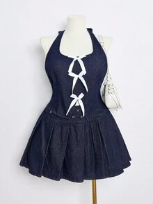 SHEIN MOD 大码蝴蝶结装饰露背挂脖牛仔衬衫 - 深色水洗藍 - 查看 4