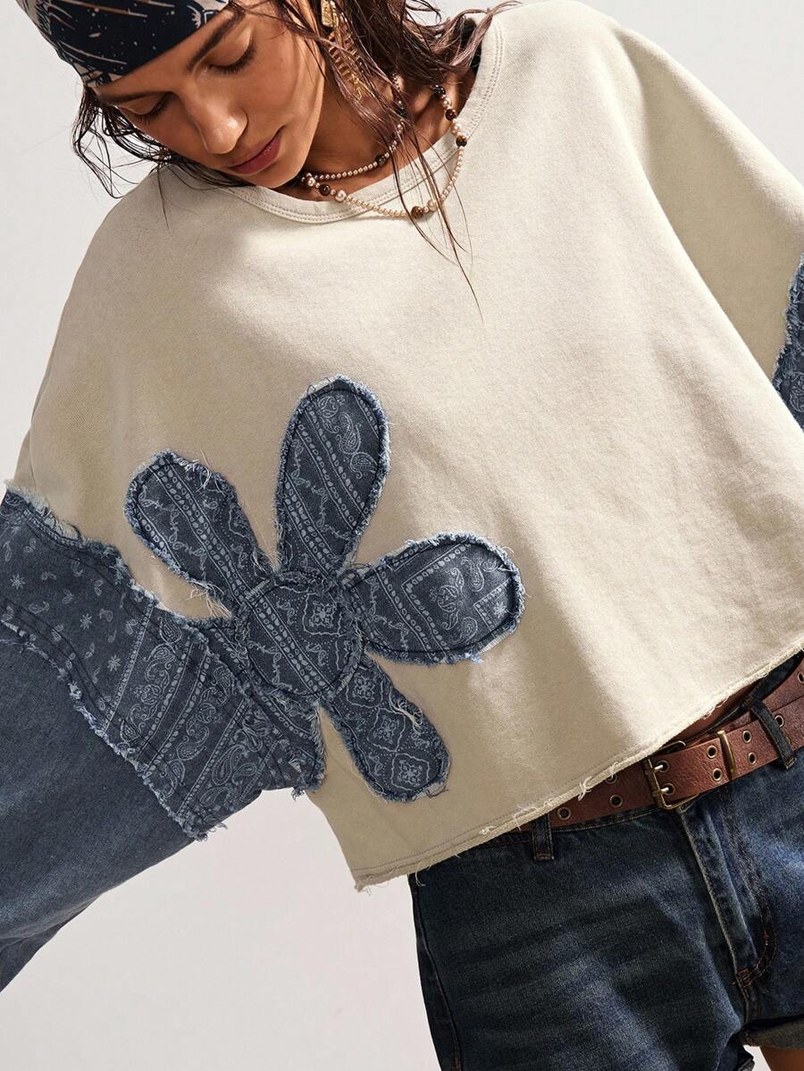 Bohemela BOHO Countryside Vacation Casual Knit Patchwork Floral Pattern Denim Loose Crew Neck Long Sleeve Sweatshirt For Women In Fall/Winter