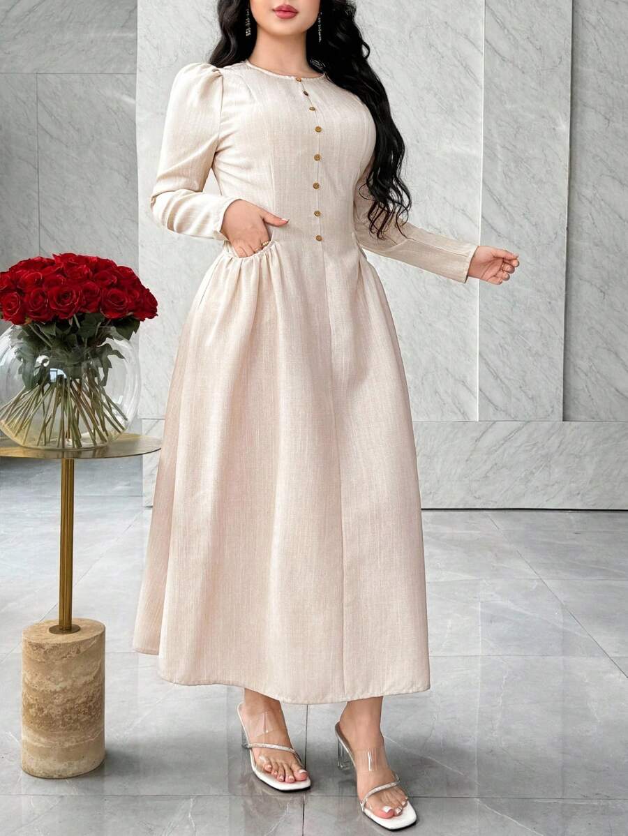 Feyla Elegant French Style Waist Cinching Pocket Minimalist Chic Slimming Dress,Fall Clothes For Women - Apricot - View 1