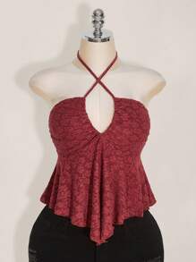SHEIN ICON Áo dệt kim cổ yếm màu đỏ tía dành cho nữ cỡ lớn, có bèo nhún ở gấu áo, thích hợp mặc thường ngày. - Màu Đỏ Sâu - Xem 3