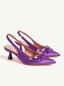 CUCCOO CHICEST Giày cao gót mũi nhọn thanh lịch dành cho nữ với họa tiết hoa hồng 3D, điểm nhấn nơ, gót nhọn, chất liệu satin, thích hợp cho những dịp trang trọng, tiệc tùng, hẹn hò, trà chiều, Halloween, màu tím - Màu tím - Xem 8