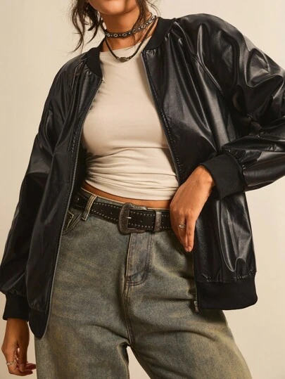 Freevana 冬季服装加大码拉链长袖时尚PU皮革黑色飞行员夹克