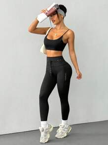 Cheerettes Women's Solid Color Drawstring Waist Pocket Leggings, Casual & Fitness Yoga Pants - Black - View 6