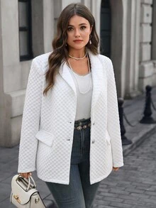 EMERY ROSE 大码休闲和办公室纯色纹理西装外套白色西装外套女士女士白色西装外套白色夹克女士冬季秋季秋季，女士冬装，圣诞节，大码冬装优雅休闲 - 米色 - 查看 2