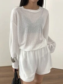 Livesso Women's Summer Long Sleeve Loose Top And Shorts 2 Pieces Set Lounge Sets For Women - White - View 4