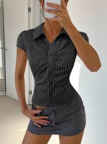 Siren Gaze 女士休闲通勤条纹修身衬衫，夏季商务休闲女衬衫修身衬衫办公室衬衫细条纹衬衫女上衣 - 深灰色 - 查看 1