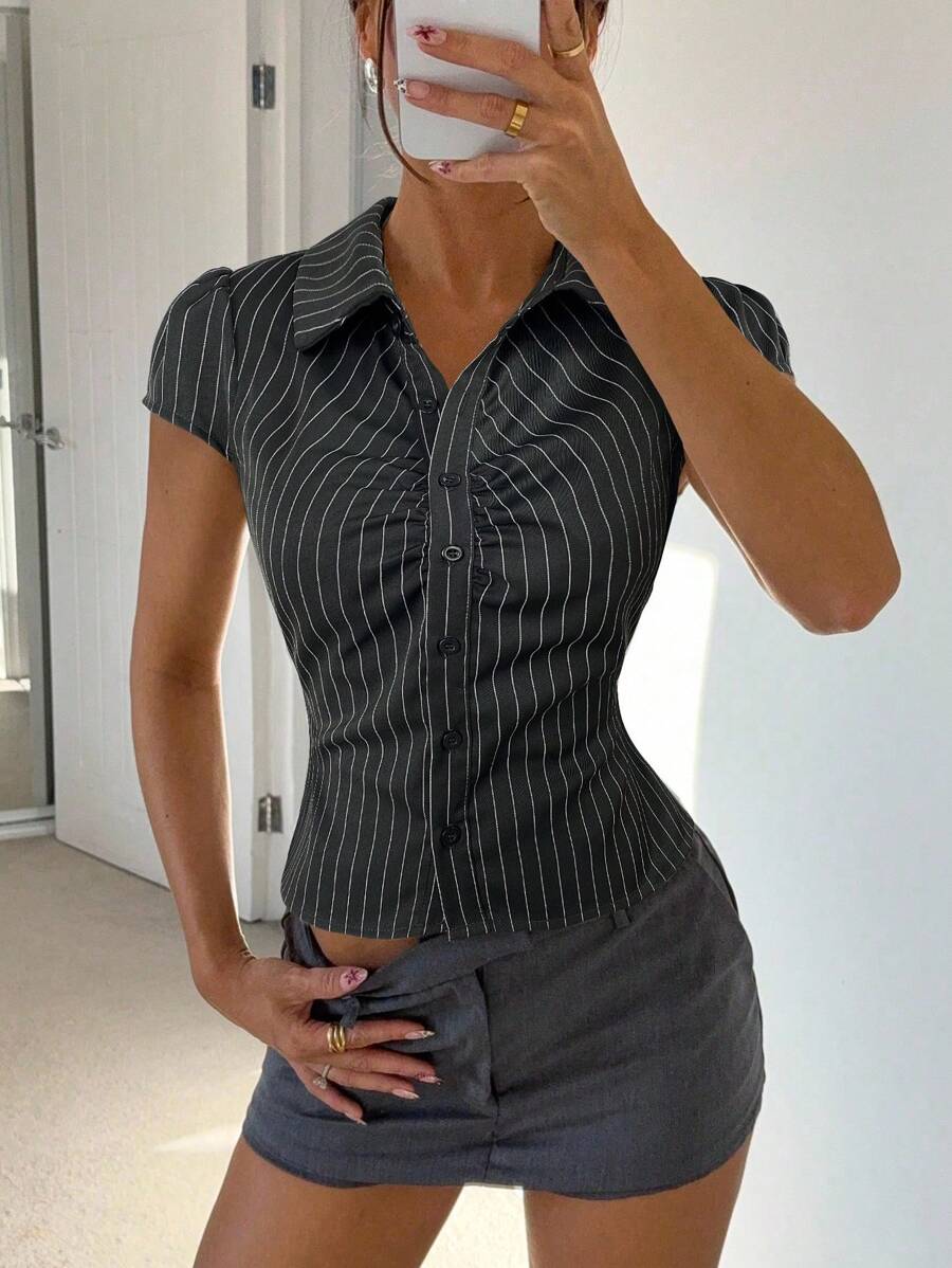 Siren Gaze 女士休闲通勤条纹修身衬衫，夏季商务休闲女衬衫修身衬衫办公室衬衫细条纹衬衫女上衣 - 深灰色 - 查看 1