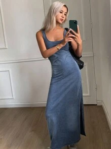 Livesso 女士修身方领牛仔连衣裙，夏季吊带长裙 - 藍色 - 查看 3
