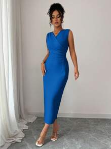 Elenzga Women's Elegant Fashion Commuter Casual Comfortable Charming Retro Romantic Vacation Sleeveless V-Neck Waist Gathered Bodycon Solid Color Dress - Royal Blue - View 4