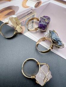 SHEIN Basic living 1pc Natural Crystal Rough Raw Ring Healing Gemston Statement Copper Wire Wrapped Asymmetric Crystal Gemstone Adjustable Adjustable Rings Jewelry For Women Girls Best Gifts Birthday Graduation