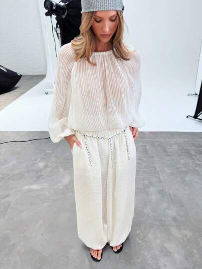 AiiRZ Elegant Pleated Chiffon Blouson Blouse Balloon Sleeve Wide Leg Elastic Waist Holiday Resort Wear Relaxed Fit Evening Party Occasion Wear