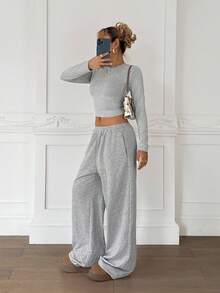 SHEIN 2pcs/Set Teen Girl Casual Solid Color Long Sleeve T-Shirt And Pants Set, Comfortable & Minimalist Fall Winter
