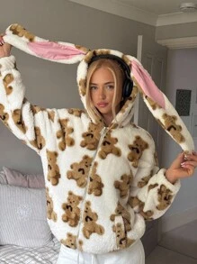 CovetEZ 熊图案毛绒兔耳女式连帽夹克 - 米色 - 查看 2