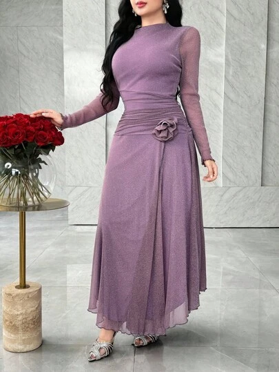 Feyla Vestido elegante y versátil para fiesta con manga larga, abertura frontal y diseño floral 3D