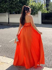 NegzBox 新款春夏休闲假日露背露肩胸围、腰围和后背摆裙，前开叉至大腿，黄色海条纹女式超长连衣裙-B - 橘色 - 查看 2