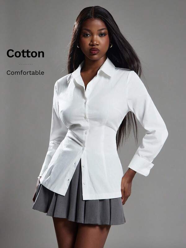 NYA SZN Tops Long Sleeve Button Collar Everyday Casual Business Businesswear Office Siren Wedding Guest Cotton Teacher Back To School Modest Classy Church Old Money Fall Winter Party Festival Outfits For Women