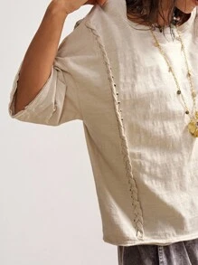 Bohemela 女士休闲纯色针织圆领短袖宽松水洗T恤 - 杏色 - 查看 4