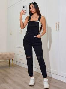 SHEIN PETITE Women's Pocket Distressed Skinny Casual Denim Jumpsuit